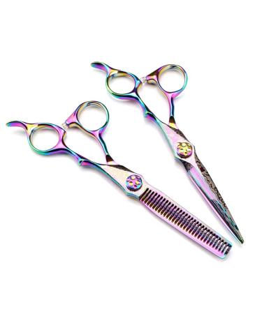 Hair Cutting Scissors 6 Inch Professional Rainbow Damascus Hair Cutting Scissors Gem Screw Haircut Thinning Barber Steel Cut Shears Hairdresser Scissors Set