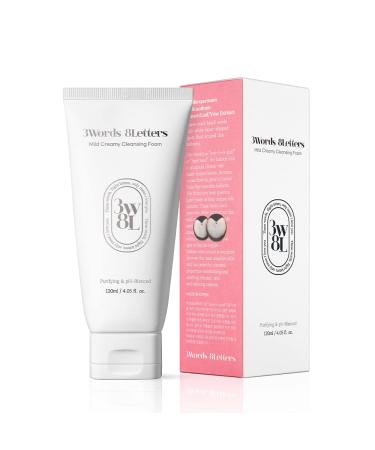 3words 8letters Mild Creamy Cleansing Foam 4.05 fl oz | Gentle Vegan Facial Wash For All Skin Types | Mild Rich Creamy Facial Cleanser | Daily Use Soft Face Wash | Korean Skin Care | k-beauty