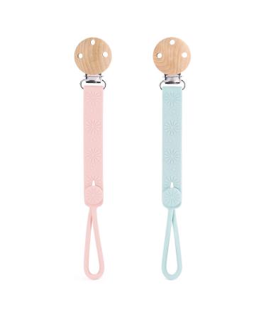 Silicone Pacifier Clip Pacifier Clips for Boys Girl Baby Pacifier Holder Paci Clip Pacifier Straps with Wooden Clip for Teether Pacifiers Toy Neutral Pacifier Clips 2 Pack(Pink Mint)