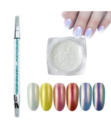 MEILINDS Mermaid Chrome Nail Powder, Nail Chrome Powder Opal Chrome Pigment for Nail Art, White Pearl Nail Powder Neon Iridescent Salon Nail Dust Iridescent Manicure Pigment with Silicone Brush 1g One Boxes