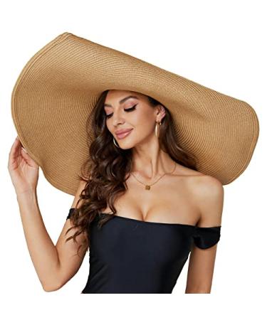 Oversized Beach Straw Hat for Women, Fashion Large Wide Brim Visor Hats Handmade Roll Up Floppy Sun Hat for Summer Beach Cap Khaki