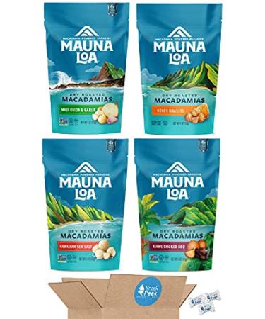 Mauna Loa Macadamia Nuts Snack Peak Variety Gift Box  Hawaiian Sea Salt, Maui Onion and Garlic, Honey Roasted, and Kiawe Smoked BBQ