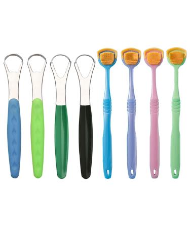 HUADU (4+4pack) Tongue Brush Tongue Scraper Cleaner for Adults and Kids Stainless Steel Tongue Scraper Brush Metal and plastic Tongue Scraper Helps Fight Bad Breath
