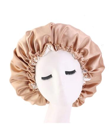 Cospack Satin Bonnet Sleep Cap Extra Large Double Layer Reversible Adjustable Satin Cap for Sleeping (Champagne and Beige)