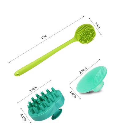Lalacolorful Silicone Back Scrubber Exfoliating Shower Brush Set - Long Handle, Double-Sided, With Hook - Hair Scalp Massager & Facial Cleansing Brush - Yellow & Green - Buy Online on GoSupps.com