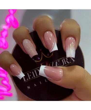 diduikalor Press on Nail Short Square Fake Nails Medium French Glitter White Tip Glue on nails with False Nails GlossyArtificial Stick on Nails Full Cover Static Nails for Women 24Pcs W325