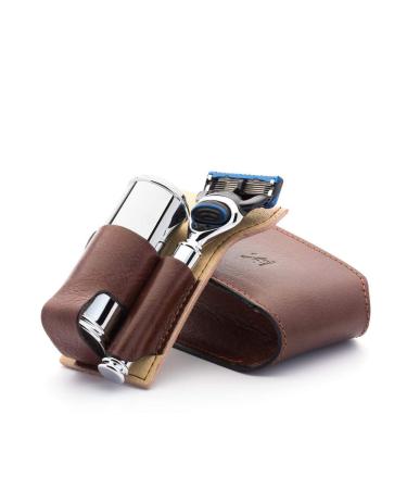 M hle Travel Shaving Set - Silvertip Fibre Brush & Gillette-Compatible Razor in Leather Case - Chrome-Plated Brown 3-Part Set for International Shipping - Buy Online on GoSupps.com