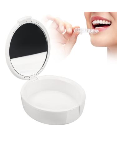 Round denture case denture bathing box for on the go with sieve and magnetic mirror reusable and portable (white)