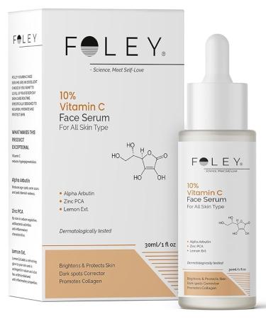 Foley Vitamin C 10% Serum for Face - Brightens Skin Fades Dark Spots & Acne Marks - With Alpha Arbutin Ferulic Acid Zinc PCA - 30ml