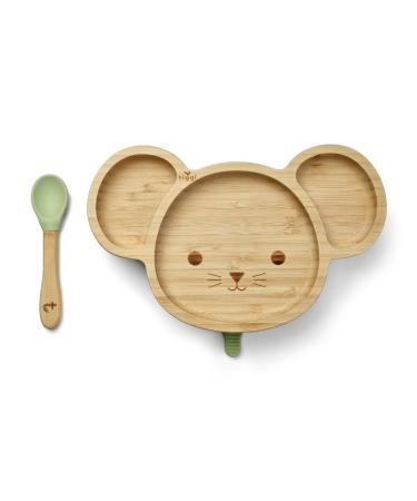 Tiggi Bamboo Baby Suction Plate - Complete Weaning Set Strong Suction BPA-Free Bamboo Plates Baby Ideal Baby Suction Plate for Easy Feeding and Clean-Up (Mouse Soft Green)