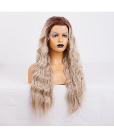 Buy Green Mir Long Corrugated Ash Blonde Pointed Front Wig - 24in 13x3 Lace Dark Root Heat-Resistant Synthetic Fiber for Women | Ombre Lace Front Replacement Wig - Buy Online on GoSupps.com