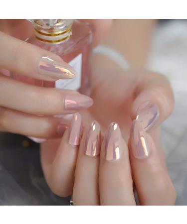 Medium Shiny Misty Rose Full Cover Almond Fake Nails - Elegant Duo Chrome Design for Sexy and Simple Nail Art - Buy Online on GoSupps.com