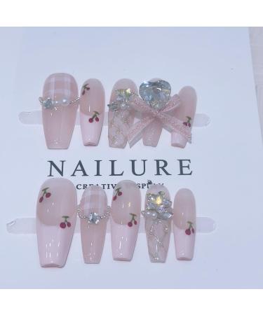 Handmade nail polish shiny diamond bow cherry detachable fake nails manicure patches fake nails(Size:XS) - Buy Online on GoSupps.com
