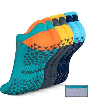 Unisex Non Slip Grip Socks for Yoga, Hospital, Pilates, Barre | Ankle, Cushioned 3 Pairs Dark Blue Green Small-Medium