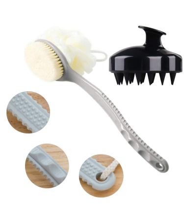 Long Handle Shower Back Scrubber with Bristle, Loofah, and Scalp Massager - Gray - Buy Online on GoSupps.com