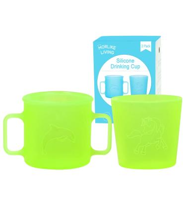 MORLIKE LIVING 100% Silicone Baby Cups Drinking Open Cup for Infant First Stage Training with Toddler Kids Easy Grip Handle 6 Months+ (2 Pack Green)