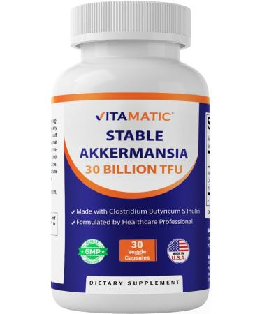 Vitamatic Akkermansia Muciniphila 30 Billion TFU + Clostridium Butyricum + Prebiotic Inulin - GLP-1 Probiotic - 30 Vegan Capsules - 30 Servings 30 Count (Pack of 1)