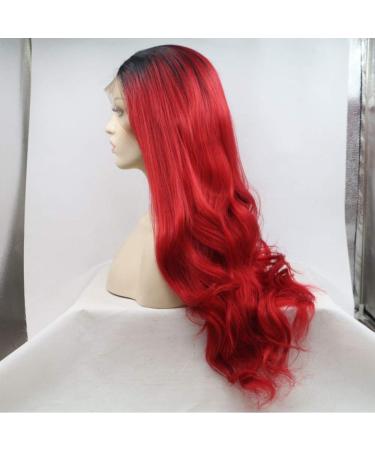 SHIYID Red Wavy Lace Front Wig with Dark Roots - Heat Resistant Synthetic Hair for Women | International Shipping Available - Buy Online on GoSupps.com