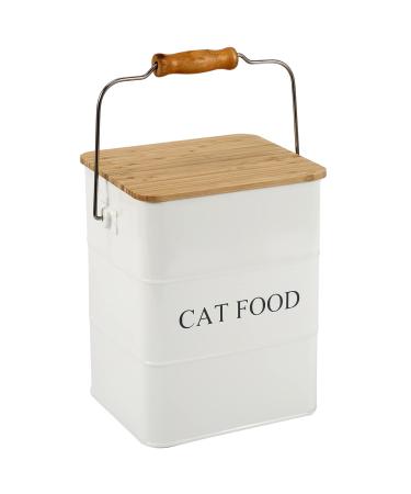 Brabtod Pet Food Storage Container Dog Treat Jar, Metal Food streats tin for Dog Cat, pet Snacks Canisters with Wooden lid and Handle sevice Scoop,Hold 5-6 lbs Cat-White
