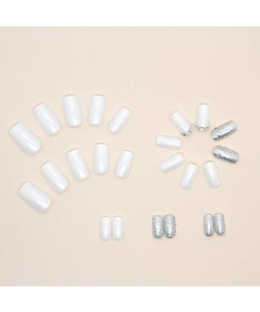 Justotry 24-Piece Silver Glitter Press-On Nails | Angular Medium Fake Nails with Diamonds | Milky French Design | Short Square Artificial Nails for Women - Buy Online on GoSupps.com