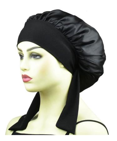 Silk Satin Bonnets for Women Curly Hair Cover Sleep Cap Satin Night Caps for Sleeping Girls Large Silk Bonnet with Tie Band Black