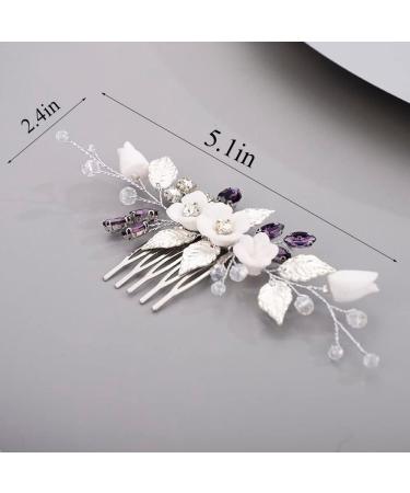Chargances Wedding White Flower Hair Comb Bridal Rhinestone Leaf Crystal Hair Side Comb Purple Handmade Headpiece Hair Accessories for Women and Girls (Purple) - Buy Online on GoSupps.com