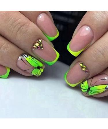Qyrugcxs French Butterfly False Nails Long Coffin Nail Tip Detachable Press on Nails DIY Manicure Glitter Diamond Nails - Buy Online on GoSupps.com