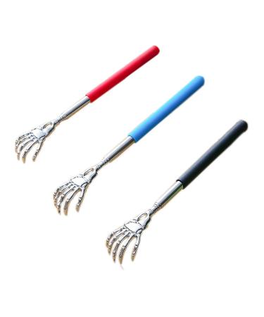 3 pieces of stainless steel telescopic back scratch skeleton claw scratchy hands pull -out with rubberized handle for the back and head scratch immediate relief from itching (black red blue)