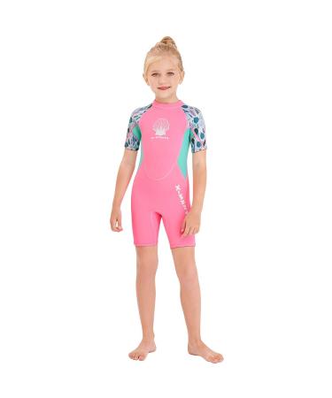 Wetsuit Kids Shorty Neoprene Thermal Diving Swimsuit 2.5MM for Girls Boys Youth Teen Toddler Child, One Piece Children Rash Guard Swimming Suit UV Protection Sunsuit for Surfing Girl Pink Large