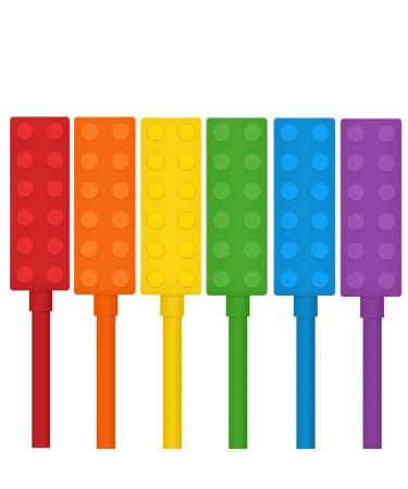 Chewable Pencil Toppers for Sensory Kids Boys and Girls (6 Pack), Silicone Rainbow Chew Toys for Chewers with Special Oral Motor Needs, Chewing Brick Tools Fidget Stim Toy for Autism Children Student