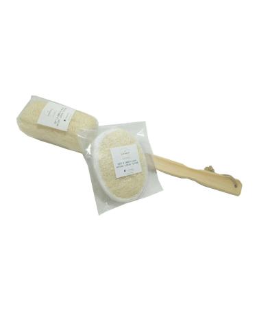 Set of 3 Natural Exfoliating Loofah Luffa Loofa Back Sponge Scrubber Brush with Long Wooden Handle Stick + 2 Loofah Pads Shower Cleaning Brush Body Scrubber