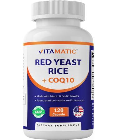 Vitamatic Citrinin-Free Red Yeast Rice 1200 mg. Capsules with CoQ10 100mg, Flush Free Niacin 100mg, & Garlic Powder 20mg - 120 Veg Capsules 120 Count (Pack of 1)