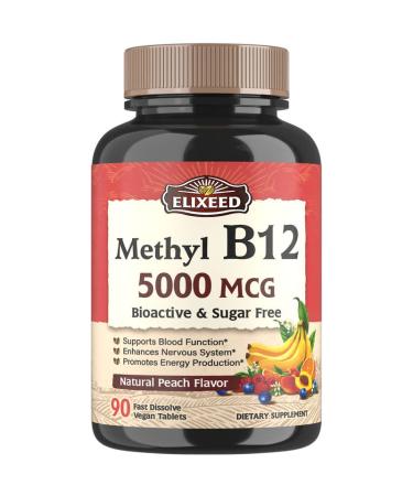 Elixeed Vitamin B12 5000mcg Methylcobalamin Most Bioactive Form 90 Fast Dissolve Tablets Blood Function | Energy Production | Nerve System Natural Peach Flavor Vegan Non-GMO