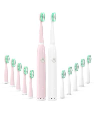 2 Pack Rechargeable Electric Toothbrushes with 10 Brush Heads Electric Toothbrush for Adults and Kids with 5 Modes 2 Minutes Smart Timer Once Fullly Charging for 45 Days White & Pink