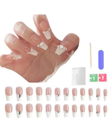 French Tip Press on Nail Long White Rhinestones Stick on Nail False Fake Nail with Glue for Women Girl Nail Art - Buy Online on GoSupps.com
