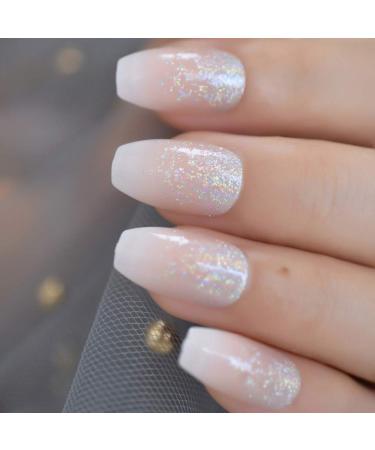 CoolNail Holo Glitter Pink Nude French Ballerina Coffin False Nails Gradient Natural Press on Fake Nails Tips Daily Office Finger Wear L5176