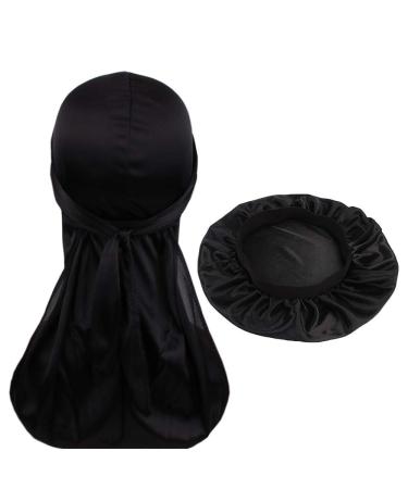 Durags and Bonnets 2pcs Set Suitable Men and Women Long Tail Silky Doo rag and Turban Sleep Cap Black