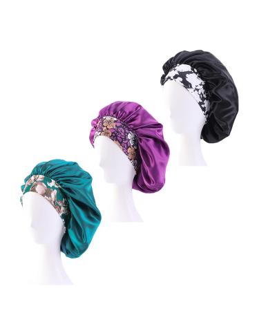 Prinfore 3PCS Extra Large Satin Bonnet for Women Curly Long Hair Sleeping Silk Head Cover Sleep Cap  Black+purple+teal  One Size