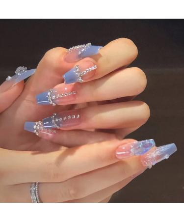 24 PCS Blue Long Press on Nails 3D Glitter Long Fake Nails with Rhinestones Bling French Sharp Pointed Finger Press on Nail Kit (Clear rhinestones blue)