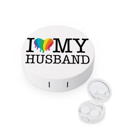 Rainbow Heart I Love My Husband Round Case For Contact Lens Kit Storage Box with Mirror Printed