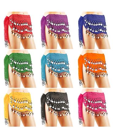 DROK Belly Dancing Belts with Golden/Sliver Coins, 10PCS Hip Scarfs Shakers for Belly Dance with 128 Coins Silver Coins