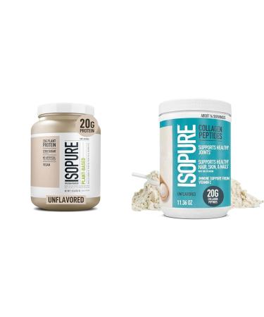 Bundle of Isopure Unflavored Organic Vegan Pea Protein Powder Dairy Free with Amino Acids 20 Servings + Isopure Collagen Peptides Powder 14 Servings Unflavored with Vitamin C with Biotin Unflavored + Collagen Bundle