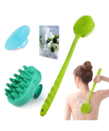 Lalacolorful Silicone Soft Back Scrubber for Shower Exfoliating Long Handle Double-Sided with Hook  Hair Scalp Massager Shampoo Brush  Manual Facial Cleansing Brush (Yellow+Green)