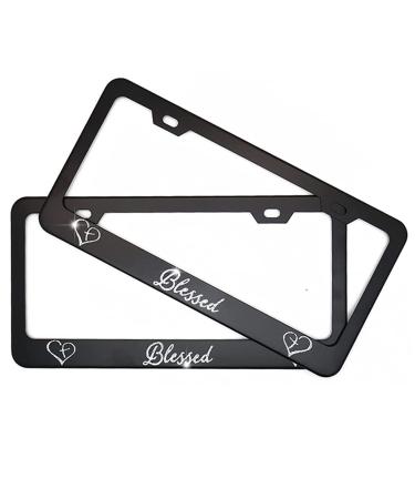 CHLSD 2 Pack Bling Blessed Cross and Heart Christian Black Metal License Plate Frame , Stainless Steel Auto Plate Frames (Bling Blessed)