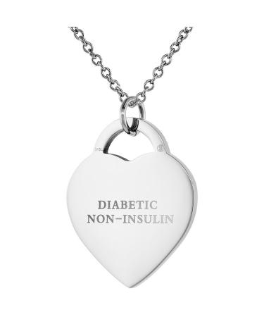 Sabrina Silver Stainless Steel Medical Alert ID Tag Necklace Heart Shape 7/8 wide 24 inch long DIABETIC-NON-INSULIN