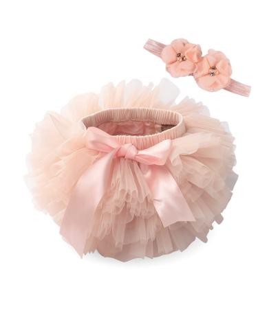 PythJooh Newborn Baby Girl Tutu Bloomers Skirt Headband Set Toddler Ruffle Pettiskirt with Nappy Cover Photo Props Set for 0-2Years 0-6 Months Petal Peach