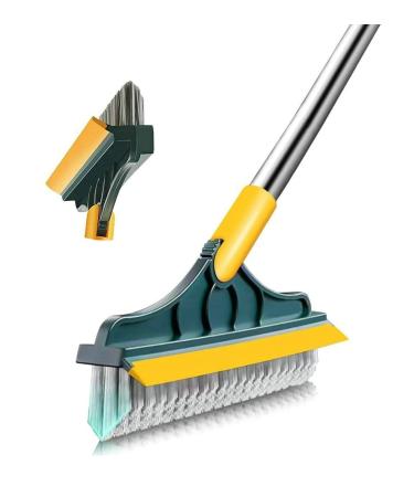 2 in 1 Floor Brush Scrubber with Long Handle Grout Brush Scrape Stiff Bristle Cleaning Scrub Brush with Squeegee 120 Rotating Tile Brush for Cleaning Bathroom Glass Patio Kitchen -Green