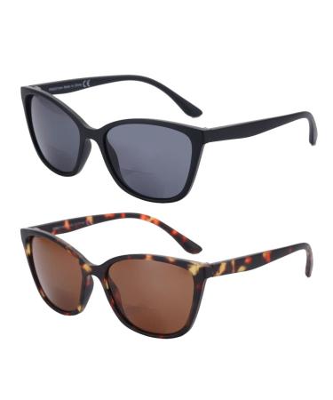 BLUEMOKY Bifocal Sunglasses for Women 2 Pack Reading Glasses Cateye UV400 Sun Readers Outdoor Classic Shades Black & Tortoise 2.5 x