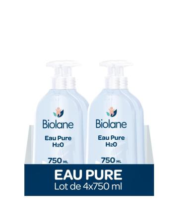 BIOLANE - Set of 4 Pure H2O Water Bottles - Cleanser for the face, body and baby seat - No rinsing - 4 pump bottles of 750 ml - Made in France