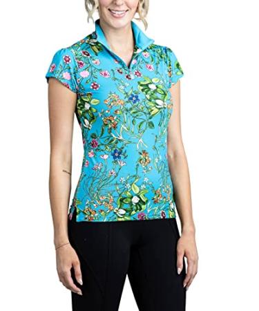 Kastel Denmark Women's Lightweight Cap Sleeve Sun Shirt | Quarter Zip Athletic Tops | UPF 30+ Protection Turquoise and Floral XX-Large